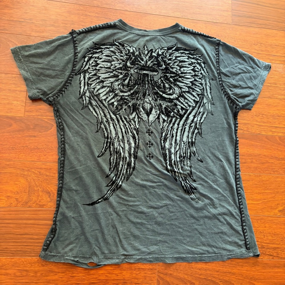 Y2K Distressed Felt Wing Graphic V-Neck T-Shirt Faded Grey Large